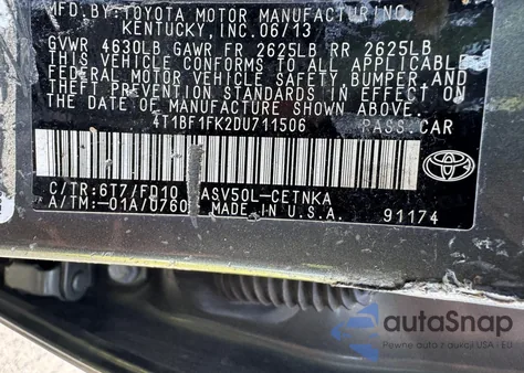 2013 Toyota Camry L из США, поврежденный, VIN 4T1BF1FK2DU711506